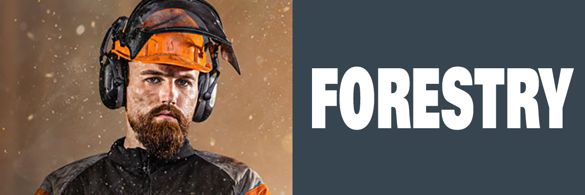 Forester with safety helmet and ear protection representing HAIX forestry boots category on a orange yellow background